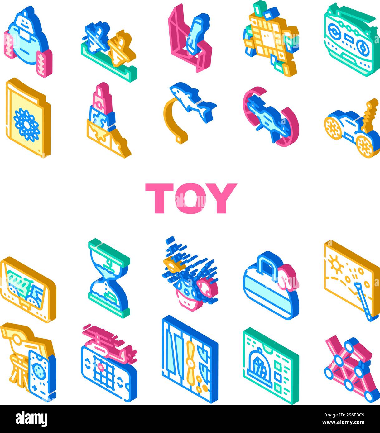 Spielzeug Und Kinder Spielesammlung Symbole Set Vektor. Roboter- Und Funkgesteuertes Auto, Fliegende Fische Und Hundebeutel, Quadrocopter Und Teleskop Spielzeug Isometrische Schilderfarben Illustrationen. Spielzeug Und Kinder Spielesammlung Symbole Set Vektor Stock Vektor