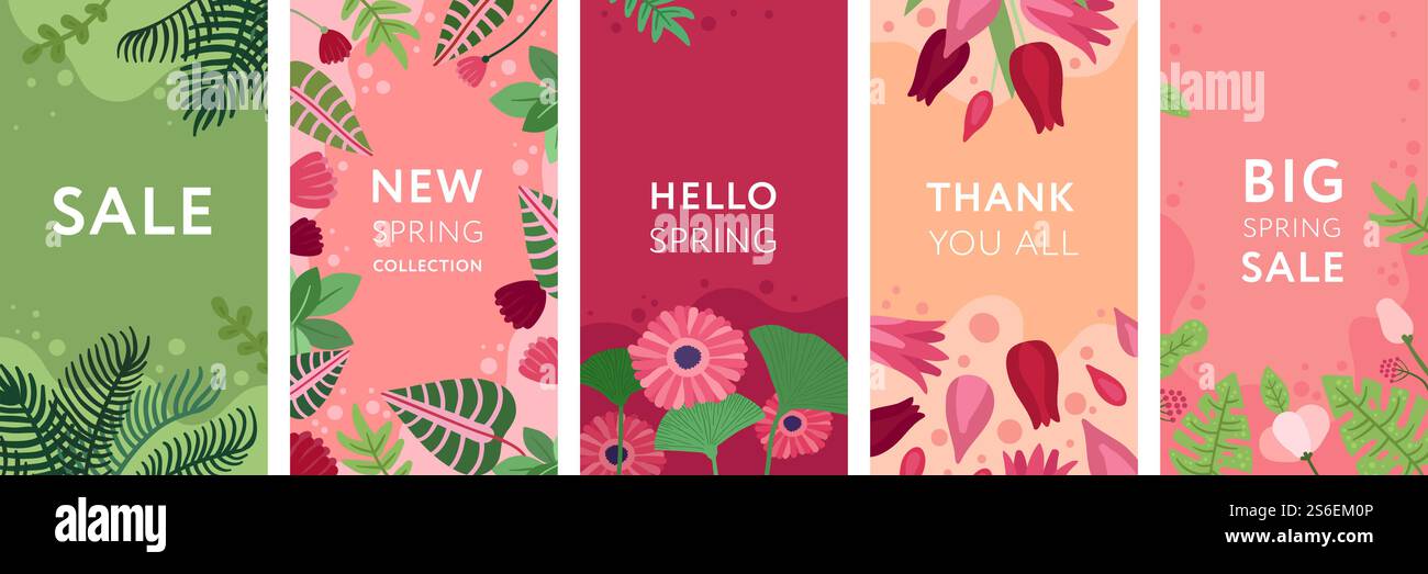 Blumengeschichten. Blumen, Frühlingspflanzen und Laubrahmen. Vorlagen für Social-Media-Geschichten im Sommer-Garten-Kräuter. Dekoratives Vektor-Poster-Set. Illustration Blume exotischer Frühling, Sammlung helle Karten. Blumengeschichten. Blumen, Frühlingspflanzen und Laubrahmen. Vorlagen für Social-Media-Geschichten im Sommer-Garten-Kräuter. Dekoratives Vektor-Poster-Set Stock Vektor