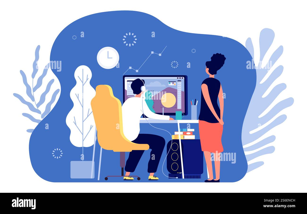 Grafikdesigner. Professionelles Design, Designer, der am Computer arbeitet. Kreative digitale Künstler- und Editor-Vektorfiguren. Freiberuflicher Zeichenarbeitsplatz für Illustrationskünstler. Grafikdesigner. Professionelles Design, Designer, der am Computer arbeitet. Kreative digitale Künstler- und Editor-Vektorfiguren Stock Vektor