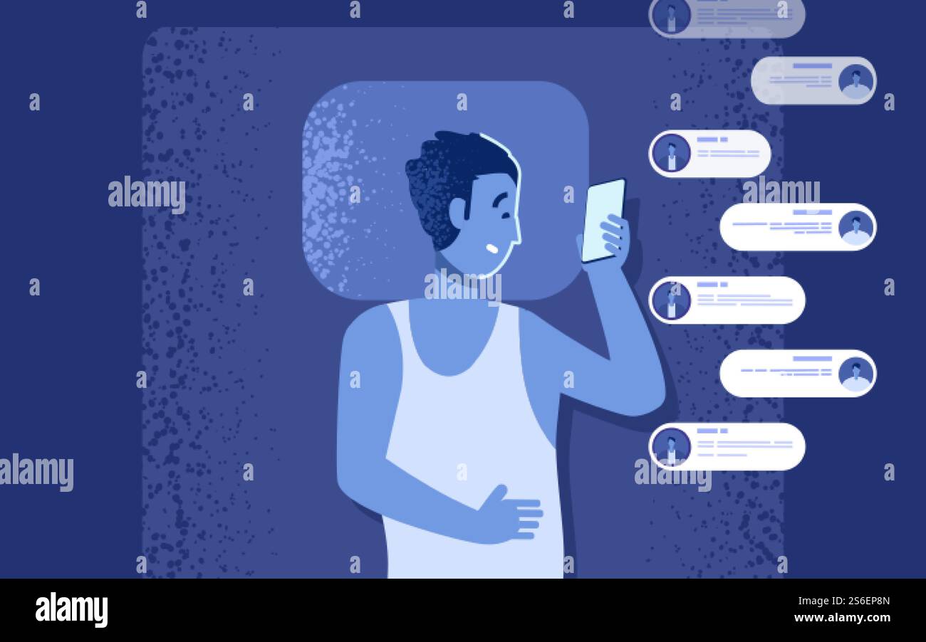 Gadget-sucht-Problem. Flacher Mann im Bett mit Smartphone. Mann, der nachts chattet, statt Schlaf-Vektor-Illustration. Social-Media-sucht, Schlaflosigkeit. Mann mit Gadget-Schlafzimmerkommunikation. Gadget-sucht-Problem. Flacher Mann im Bett mit Smartphone. Mann, der nachts chattet, statt Schlaf-Vektor-Illustration. Social-Media-sucht, Schlaflosigkeit Stock Vektor