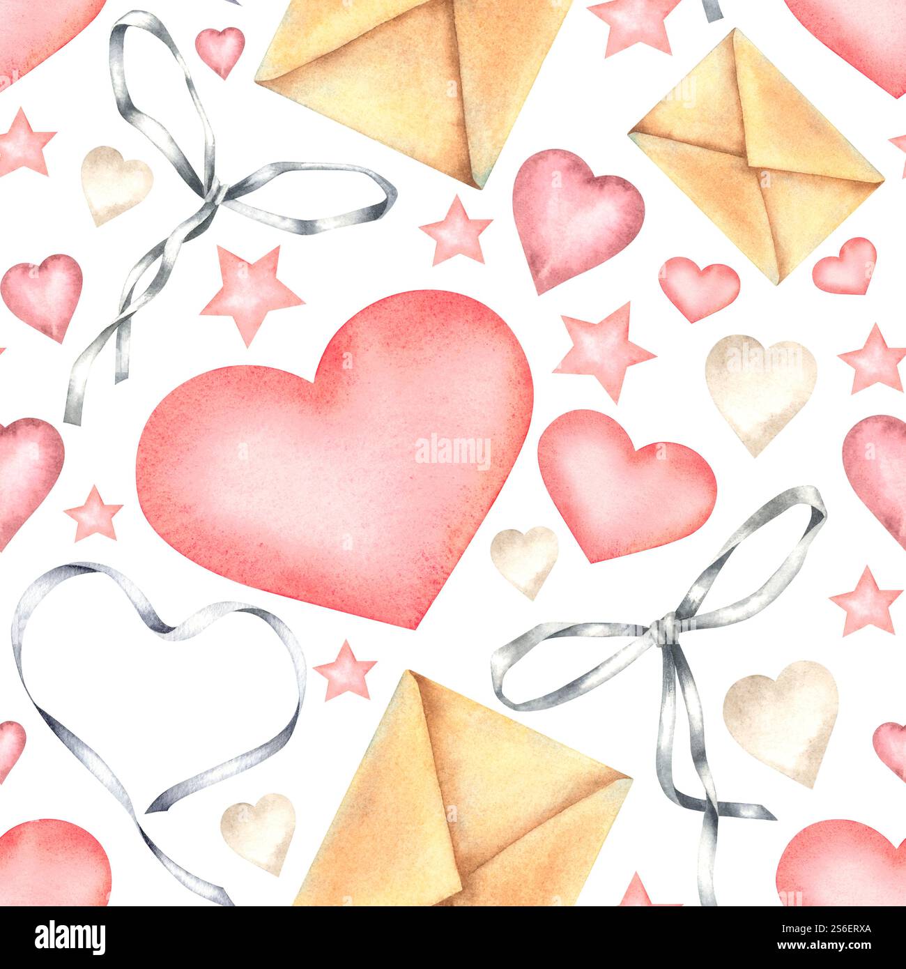 Nahtloses Aquarellmuster mit Kuverts, Herzen, Sternen und Bögen in Pastellfarben auf weißem Hintergrund. Handgezeichnete Illustration zum Valentinstag Stockfoto