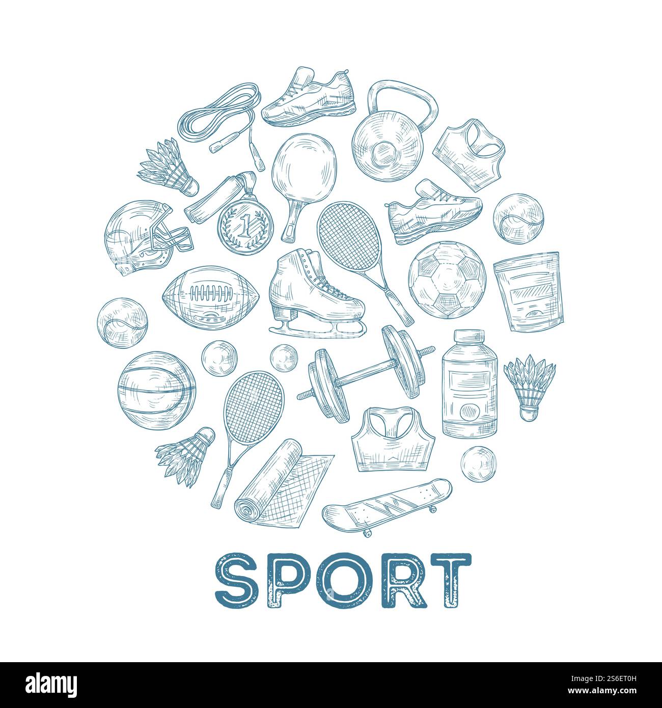 Hintergrund zu Sportgeräten. Skizzieren Sie Medaillen, Basketball- und Rugbybälle, Skate- und Fußballhelm im kreisförmigen Kompositionsvektorkonzept. Illustration Basketball und Rugby, Ausrüstung Ball und Helm. Hintergrund zu Sportgeräten. Skizzieren Sie Medaillen, Basketball- und Rugbybälle, Skate- und Fußballhelm im kreisförmigen Kompositionsvektorkonzept Stock Vektor