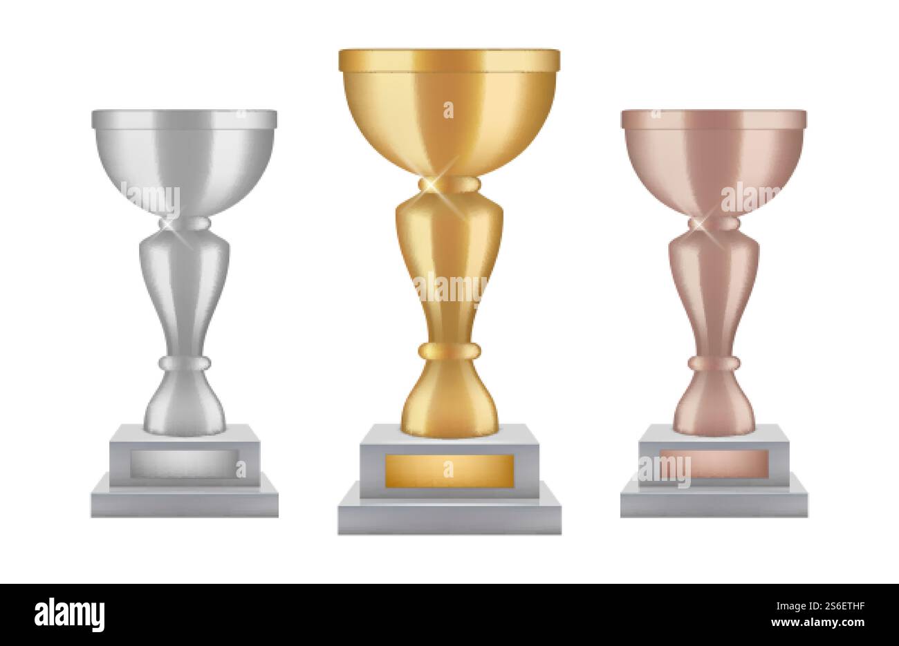 Realistische Trophäe. Gold Silber Bronze Award Cups Kollektion. Vektor-Glanztrophäen isoliert auf weißem Hintergrund. Illustration Sport Meisterschaft Cup, Zeremonie zum Sieger. Realistische Trophäe. Gold Silber Bronze Award Cups Kollektion. Vektor-Glanztrophäen isoliert auf weißem Hintergrund Stock Vektor