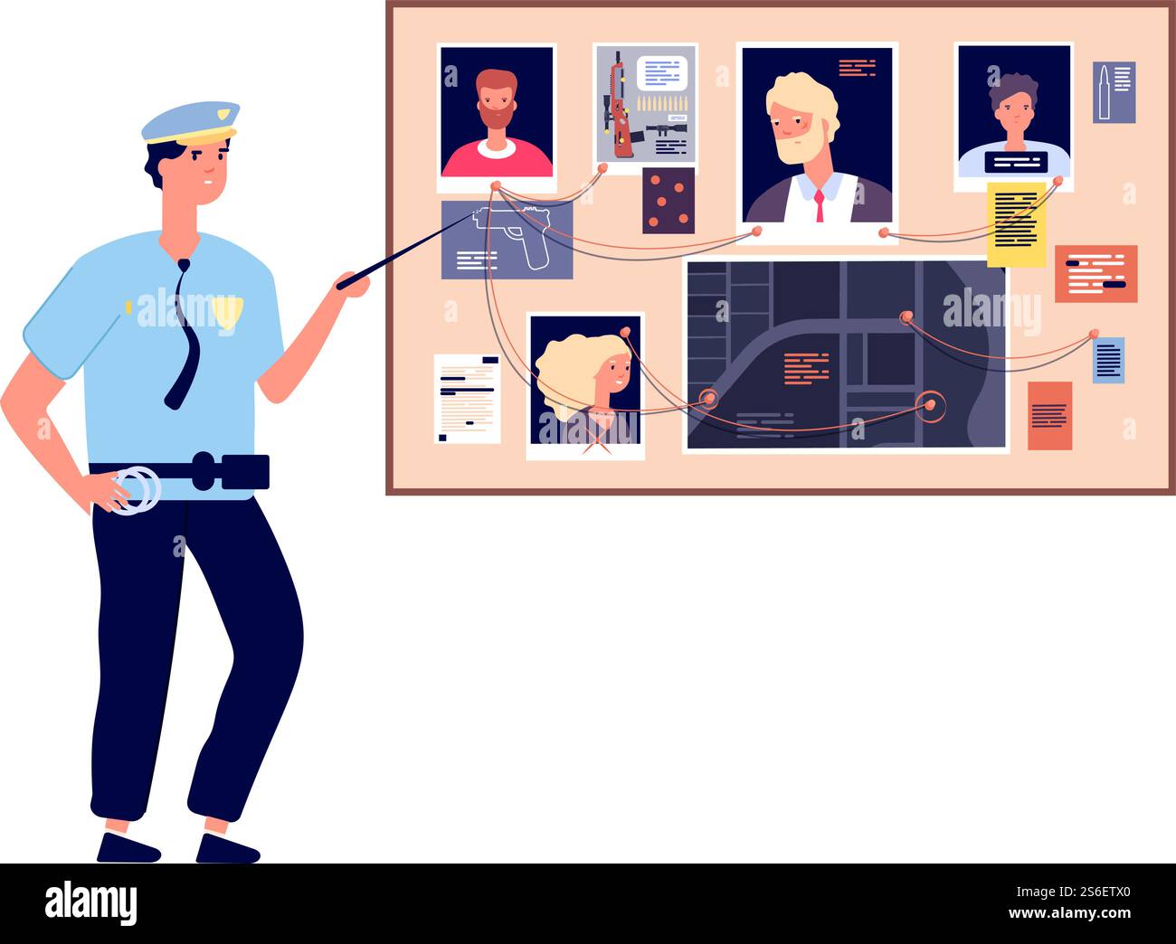 Detektivtafel. Verbrechensuntersuchungsplan mit Mordfotos, Zeitungen und Notizen, Polizist-Ermittler auf Plan, Vektorkonzept. Detective Police Ermittlungen, Foto-Plan-Illustration. Detektivtafel. Verbrechensuntersuchungsplan mit Mordfotos, Zeitungen und Notizen, Polizist-Ermittler auf Plan, Vektorkonzept Stock Vektor