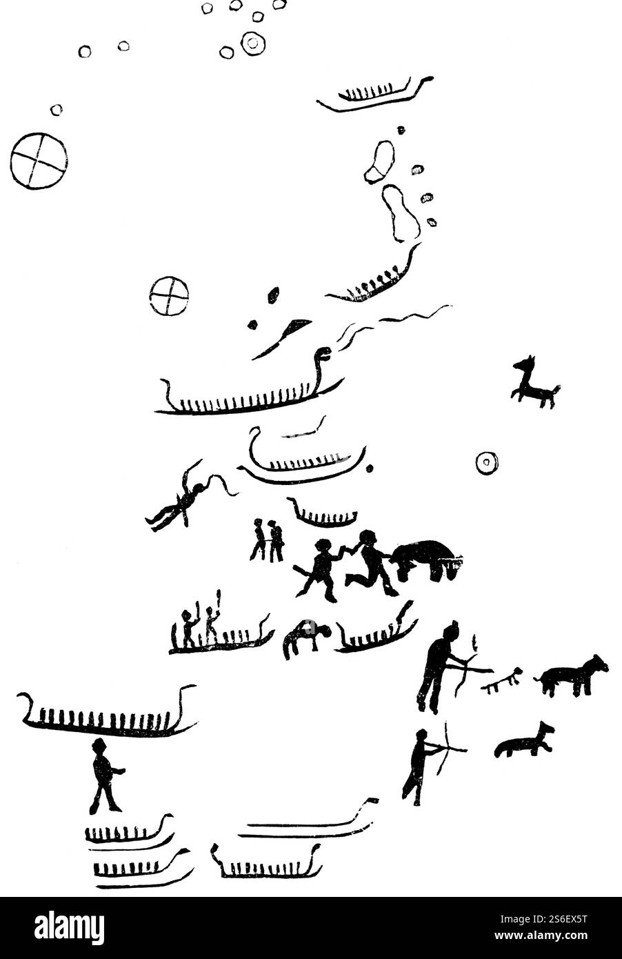 Felsmalereien von Bohuslaen, Boote, Jagd mit Pfeil und Bogen, Geschichte der Menschheit, Schweden, historische Illustration 1880, Europa Stockfoto