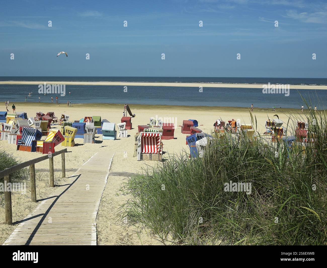 Liegestühle, Strandweg, Insel, Langeoog, beliebtes Urlaubsziel, Ostfriesland, Niedersachsen, Deutschland, Europa Stockfoto