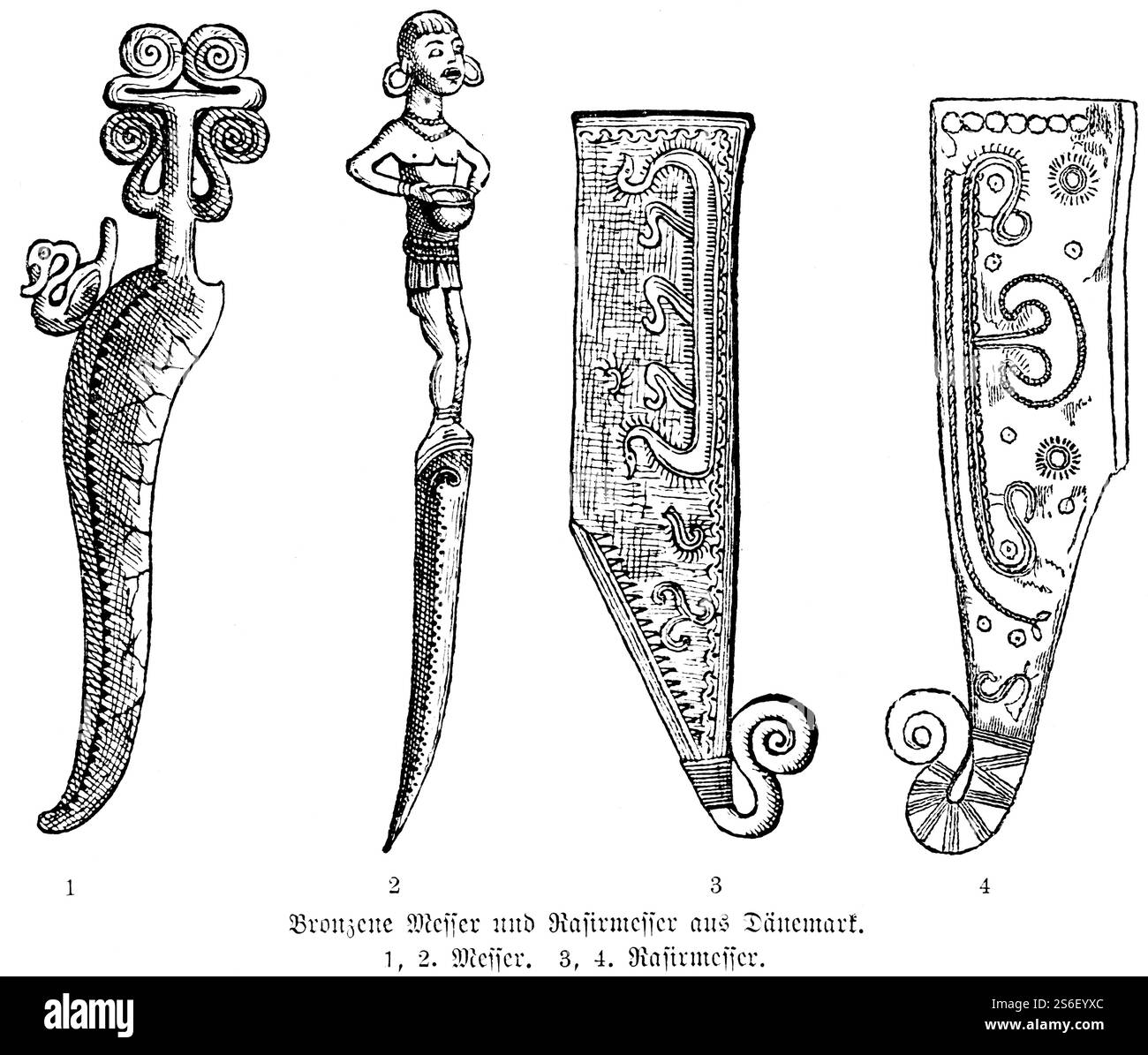 Bronzemesser und -Rasierer aus Dänemark, reiche Verzierungen mit Tier- und Menschenfiguren, Rasieren, Kunsthandwerk, Schneidewerkzeuge, Bronzerz, afrikanisches W Stockfoto
