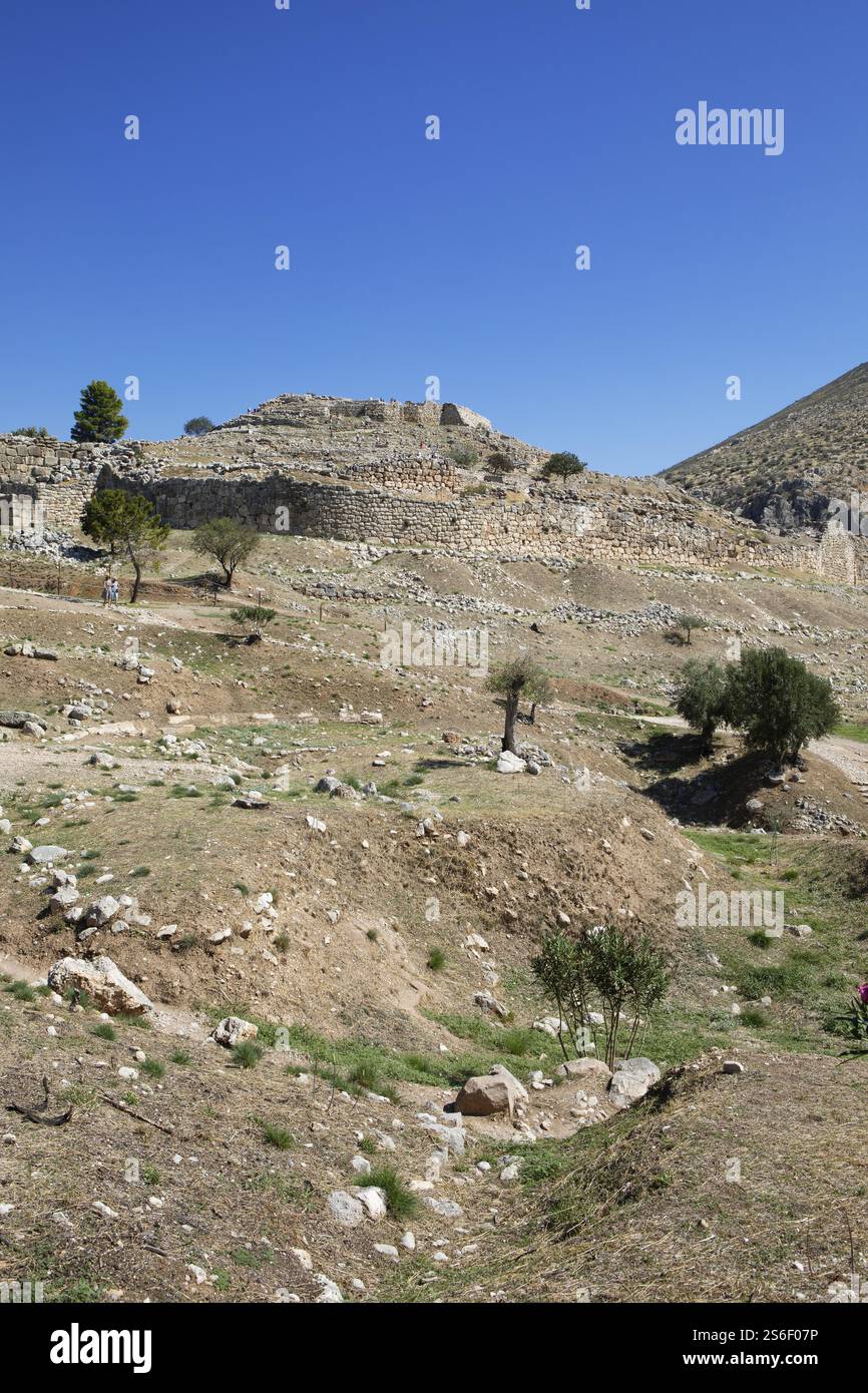 Zitadelle mit Mauern, Mykene, griechische archäologische Stätte, Argolis, Peloponnes, Griechenland, Europa Stockfoto