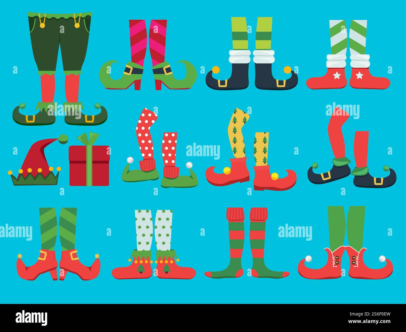 Weihnachtsschuhe. Märchenhafte Elfenstiefel und Leggings santa Boy Beine und Schuh Vektor weihnachtskollektion. Illustration Elfen Weihnachtsschuhe und Leggings Kostümhose. Weihnachtsschuhe. Märchenhafte Elfenstiefel und Leggings santa Boy Beine und Schuh Vektor weihnachtskollektion Stock Vektor