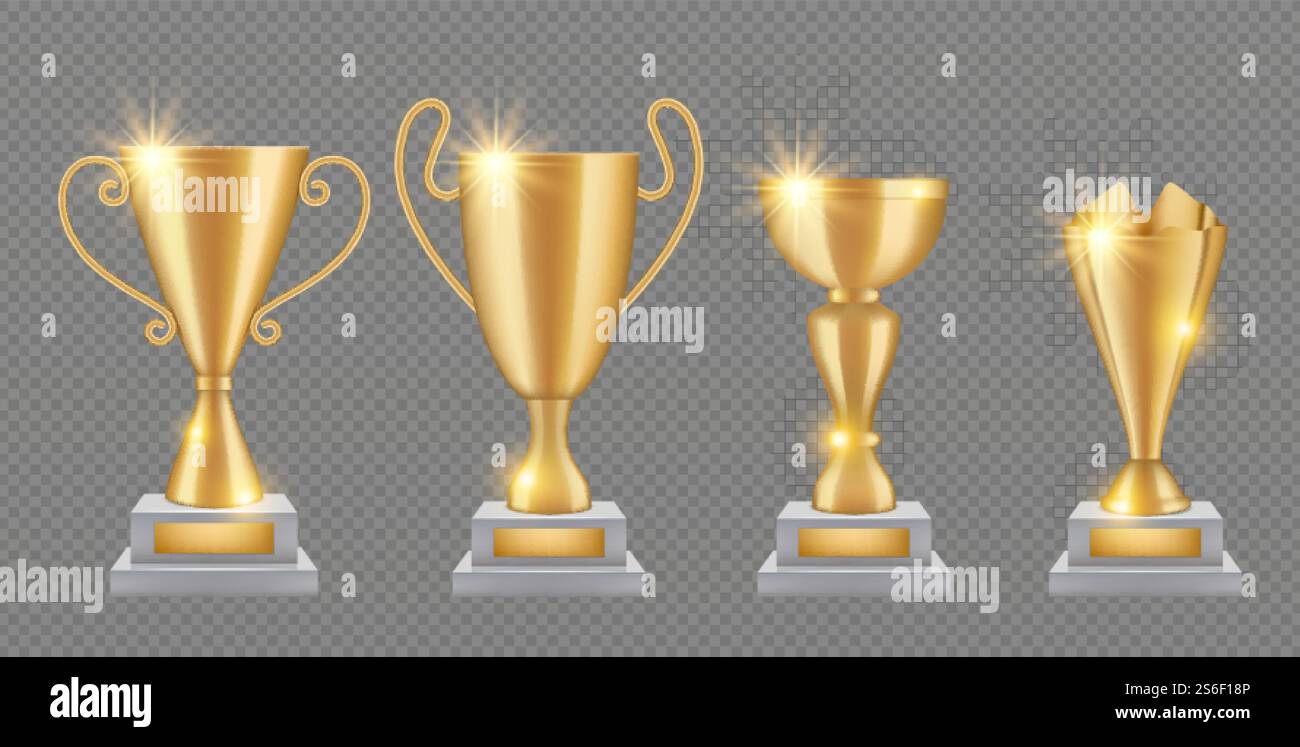 Goldene Trophäe. Realistische Golden Award Cups Kollektion. Glanztrophäen isoliert auf transparentem Hintergrund. Illustration Gold Award und Trophäe realistisch. Goldene Trophäe. Realistische Golden Award Cups Kollektion. Glanztrophäen isoliert auf transparentem Hintergrund Stock Vektor