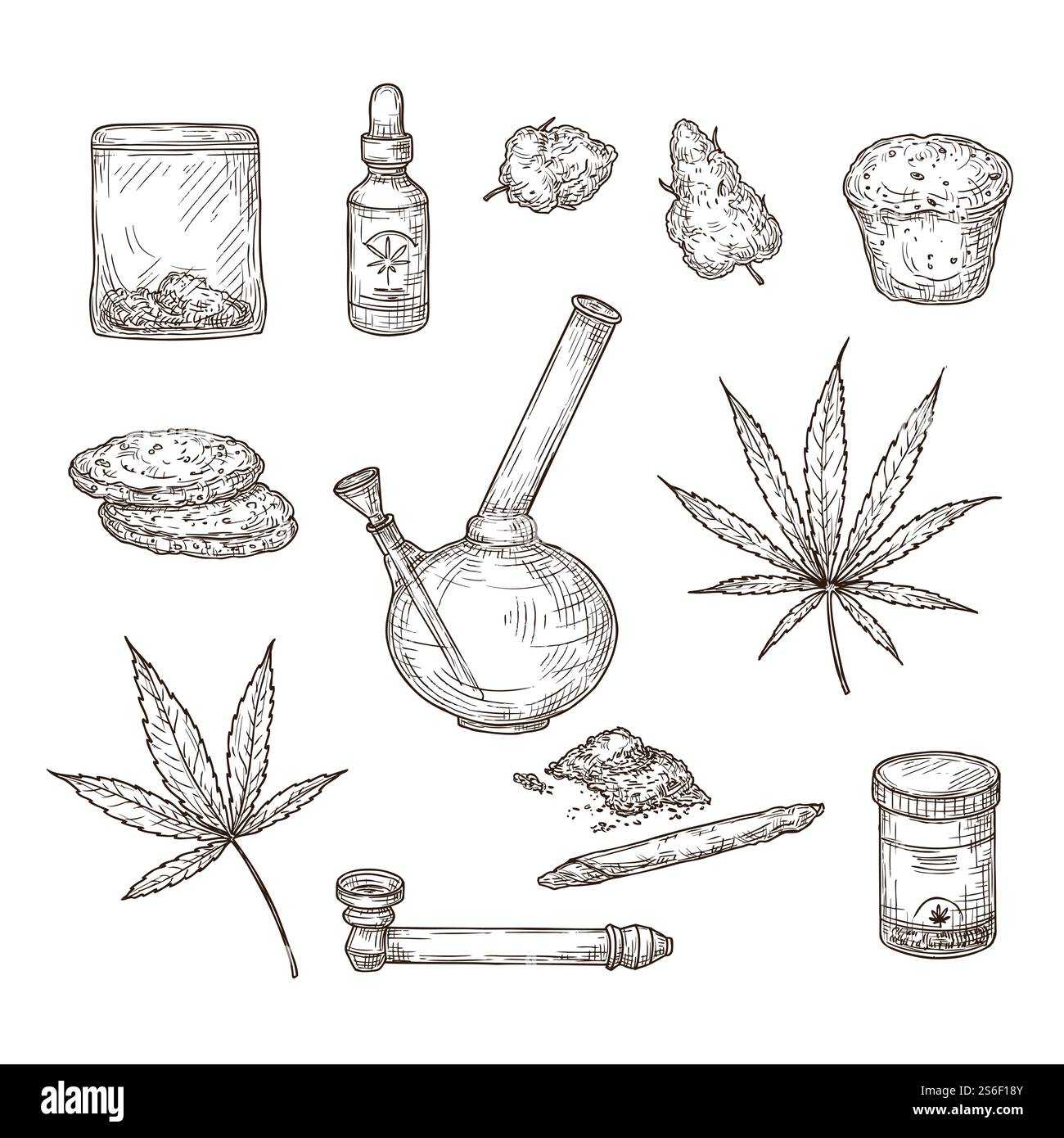Cannabis skizzieren. Medizinische Marihuanablätter, Unkrautgelenk und Bong, cbd-Öl. Handgezeichnetes Ganja-Vektorset. Illustrationsskizze Cannabisgras, natürlicher Bio-Hanf. Cannabis skizzieren. Medizinische Marihuanablätter, Unkrautgelenk und Bong, cbd-Öl. Handgezeichnetes Ganja-Vektorset Stock Vektor