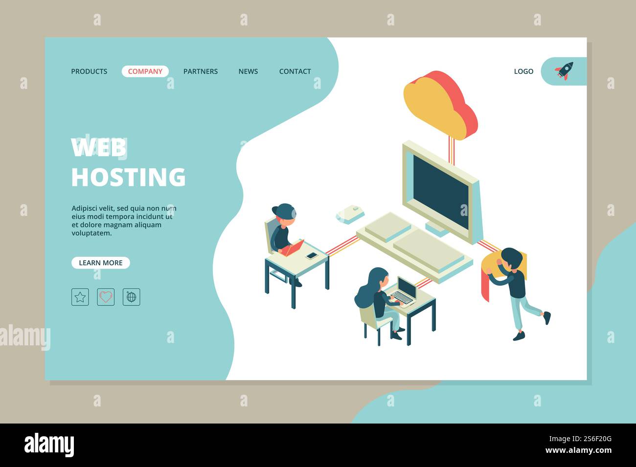 Web-Hosting-Landung. Business Webseite Computer Cloud Server Hardware Technologie Technik Internet Kommunikation Vektorvorlage. Internet-Hosting des Unternehmens, Illustration des Unternehmenstechnologie-Netzwerks. Web-Hosting-Landung. Business Webseite Computer Cloud Server Hardware Technologie Technik Internet Kommunikation Vektorvorlage Stock Vektor