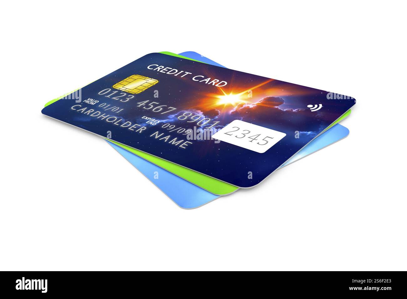 3D-Rendering von drei Kreditkarten Stockfoto