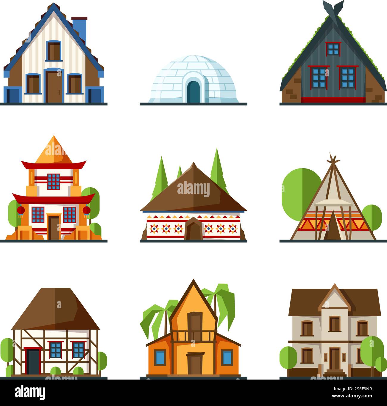 Traditionelles Haus. Indische asiatische ländliche Gebäude europa und afrikanische Bauten Vektor-Wohnungen Häuser. Iglufassadengebäude, Modell eines anderen Hauses für Stadtillustrierung. Traditionelles Haus. Indische asiatische ländliche Gebäude europa und afrikanische Bauten Vektor-Wohnungen Häuser Stock Vektor