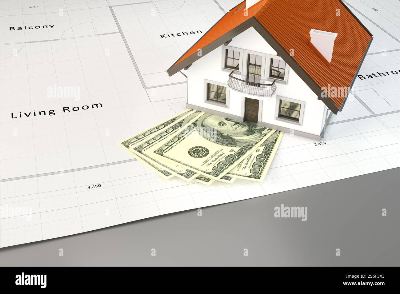 3d-Rendering der Planung, ein Haus mit Geld zu bauen Stockfoto