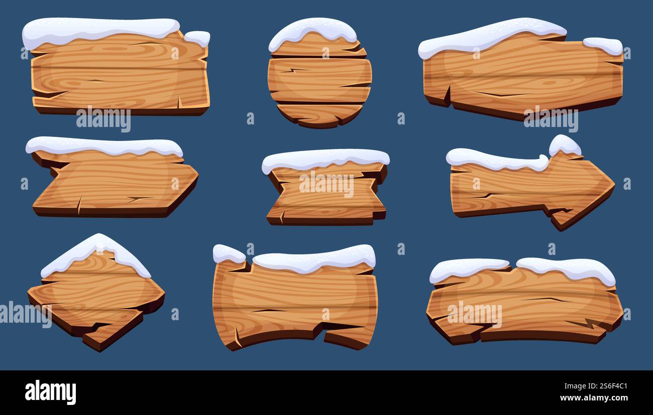 Winter-Schilder. Hölzerne Saison Banner mit Schneekappe Vektor weihnachtsdekoration. Reklametafeln und Schilder, Illustration der Führungspfosten-Sammlung. Winter-Schilder. Hölzerne Saison Banner mit Schneekappe Vektor weihnachtsdekoration Stock Vektor
