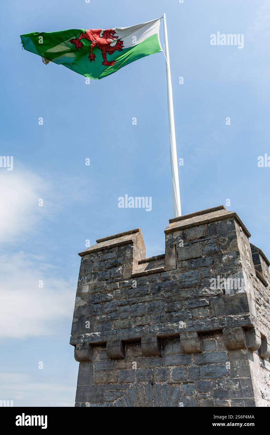 Cardiff, Wales / Vereinigtes Königreich - 14. Juni 2017: Walisische Flagge auf dem Schloss Cardiff Stockfoto