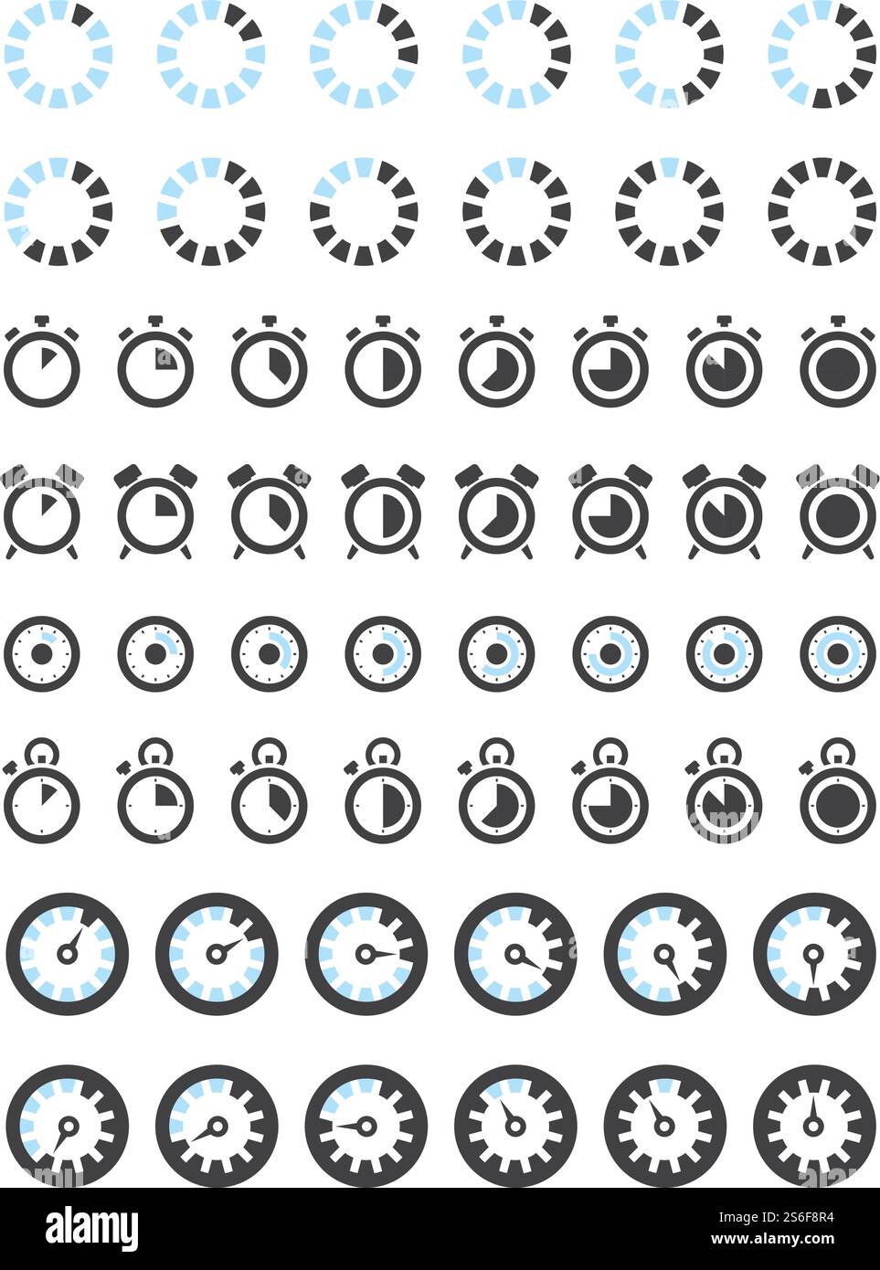 Uhrensymbole. Timer Symbole Stunden Minuten stoppen Uhr Alarm Vektor Sammlung. Illustration Timer Wecker und Uhr, Minute und Stunde. Uhrensymbole. Timer Symbole Stunden Minuten stoppen Uhr Alarm Vektor Sammlung Stock Vektor