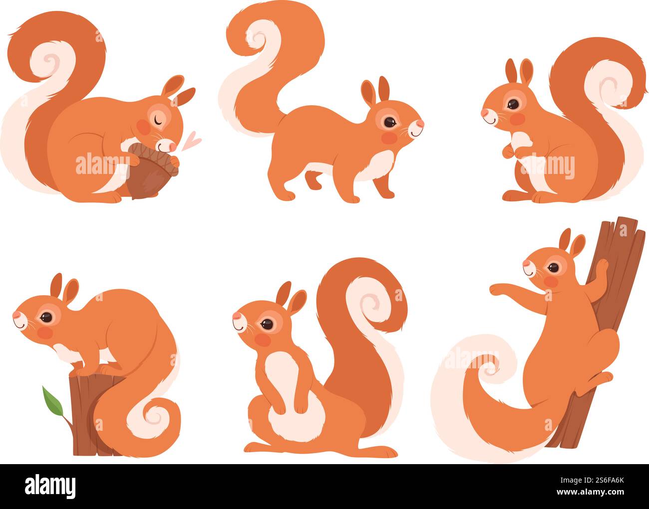 Niedliches Eichhörnchen. Zoo Little Forest Animals in Aktion stellt Wildtiere Eichhörnchen Vektor-Zeichentrickfigur. Lustiges Charakter Eichhörnchen in verschiedenen Posen Illustration. Niedliches Eichhörnchen. Zoo Little Forest Animals in Aktion stellt Wildtiere Eichhörnchen Vektor-Zeichentrickfigur Stock Vektor