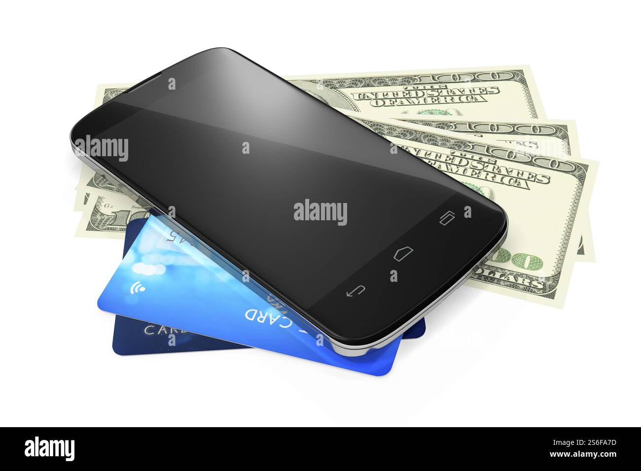 3D-Rendering von einem Smartphone, Dollar, Notizen und Kreditkarten für Mobile Payment Stockfoto