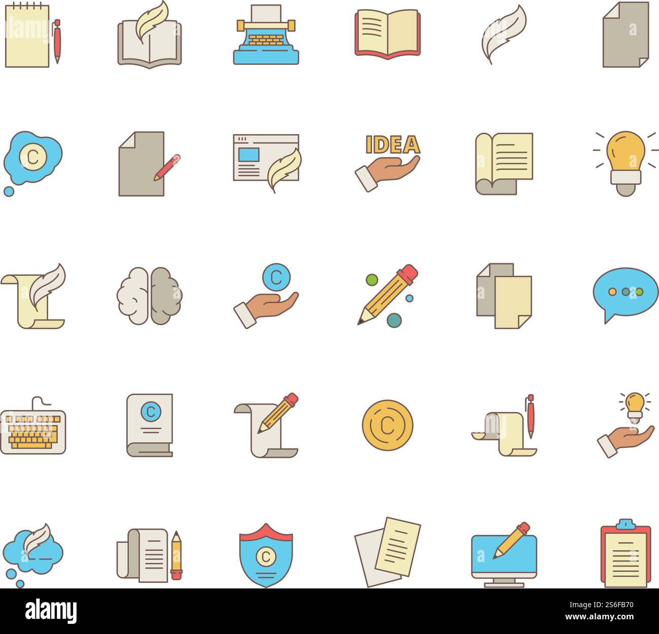 Copywriting-Symbole. Identitätsschreiber Pen Blog kodieren Social Content Service Produktion Bücher Briefe Artikel Vektor flache Icon. Illustration der Texterstellung, Content-Blog. Copywriting-Symbole. Identitätsschreiber Pen Blog kodieren Social Content Service Produktion Bücher Briefe Artikel Vektor flache Icon Stock Vektor