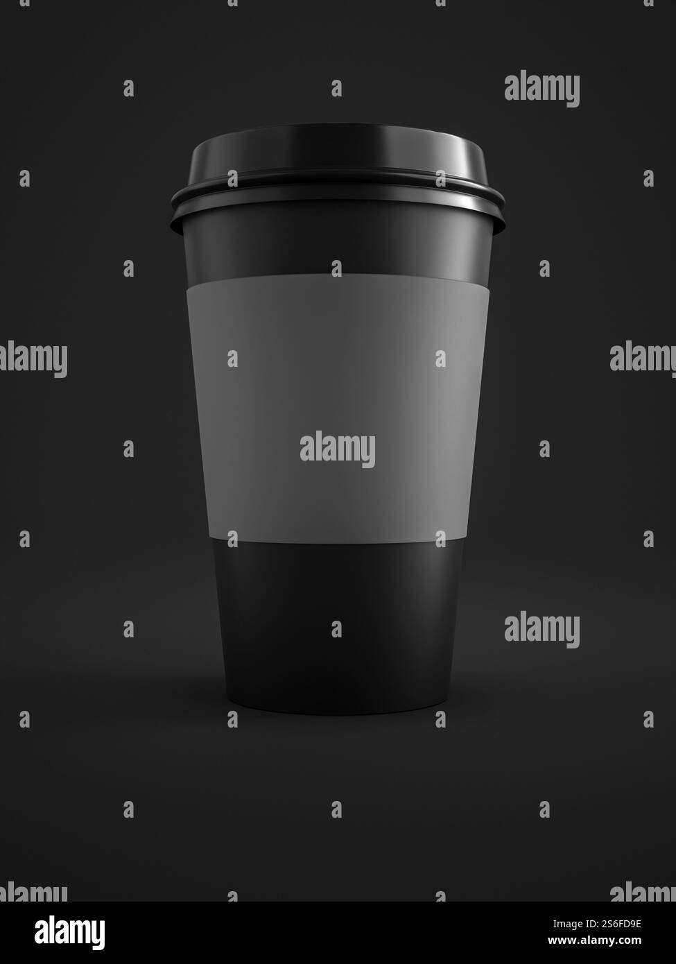 3D-Abbildung einer schwarzen Coffee To Go-Tasse auf schwarzem Hintergrund Stockfoto