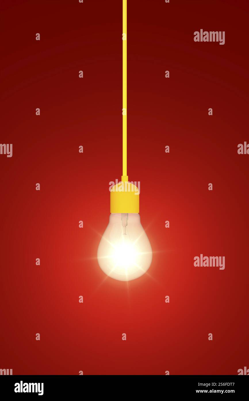 3D-Darstellung einer Glühlampe auf rotem Hintergrund Stockfoto