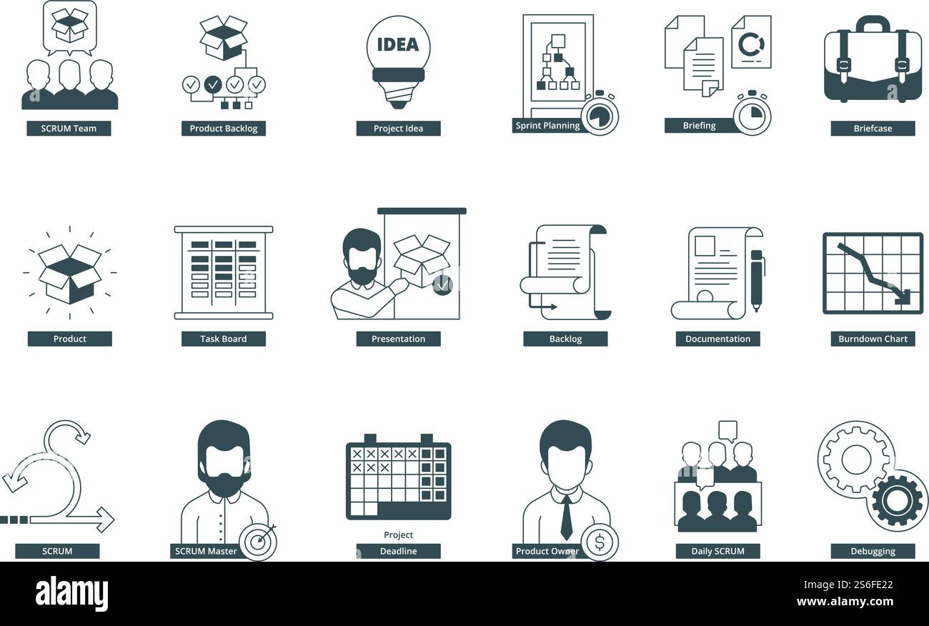 Agilitätssymbole. Scrum Methodology Professional Meeting Konferenz Master agile Vektorsymbole Sammlung. Darstellung agiler Methoden, Besprechungskonferenz und Entwicklungsidee. Agilitätssymbole. Scrum Methodology Professional Meeting Konferenz Master agile Vektorsymbole Sammlung Stock Vektor