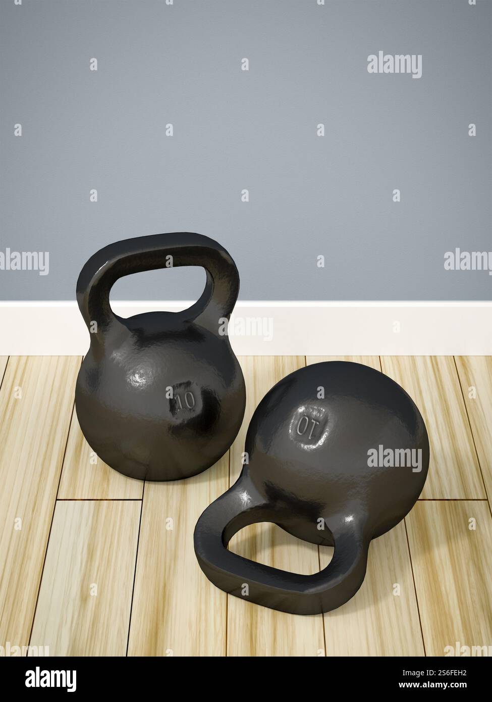 Ein Bild von zwei Kettlebells am Boden Stockfoto