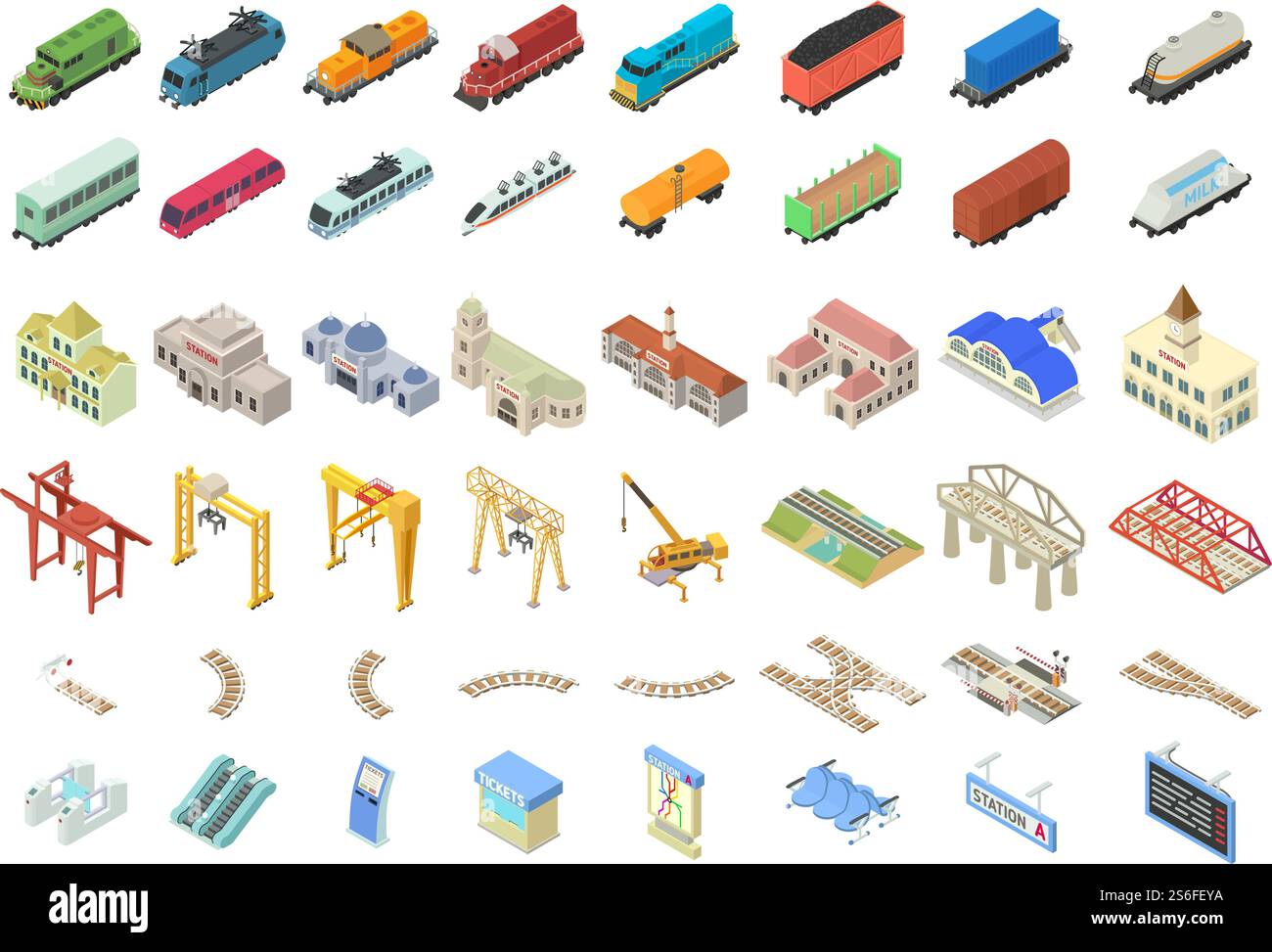 Symbolsatz Bahnhof. Isometrischer Satz von Bahnhofsvektorsymbolen für Webdesign isoliert auf weißem Hintergrund. Bahnhofssymbole gesetzt, isometrischer Stil Stock Vektor