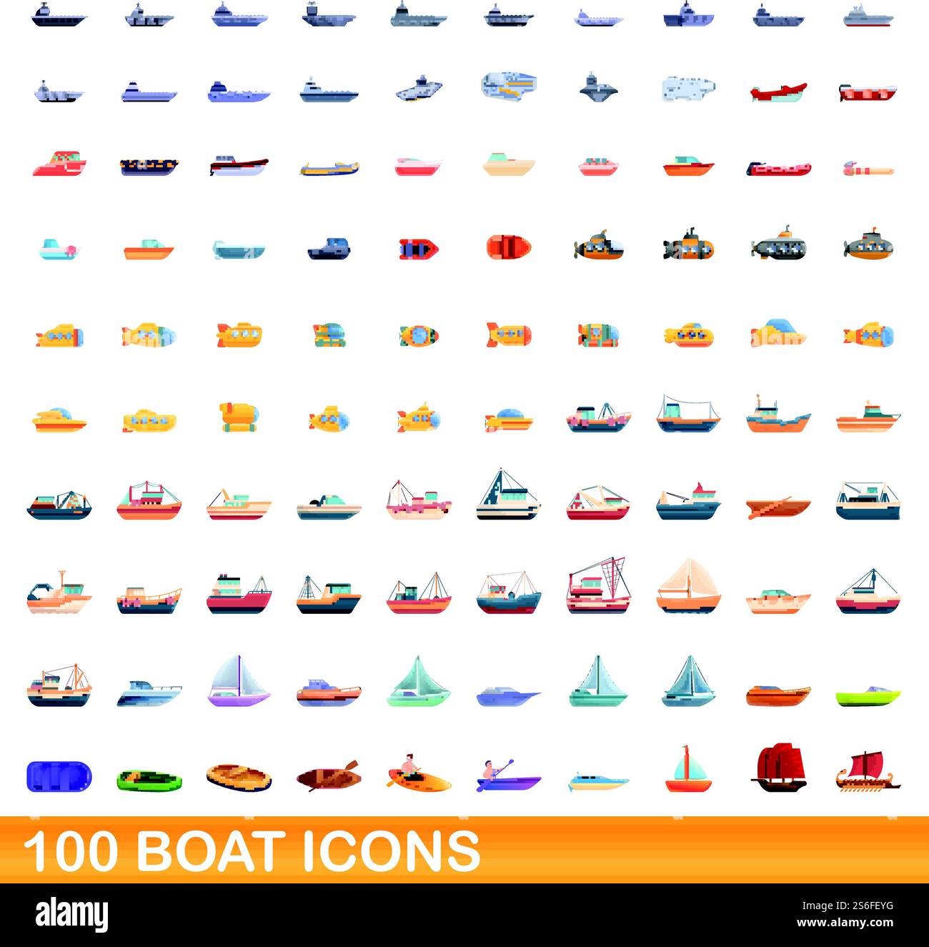 100 Bootssymbole eingestellt. Zeichentrickillustration von 100 Bootssymbolen Vektor-Set isoliert auf weißem Hintergrund. 100 Bootssymbole im Zeichentrickstil Stock Vektor