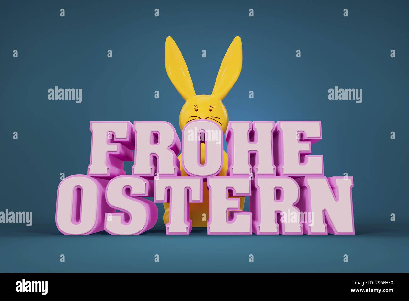 3D-Illustration der Worte Happy easter in deutscher Sprache mit gelbem Häschen im Hintergrund Stockfoto