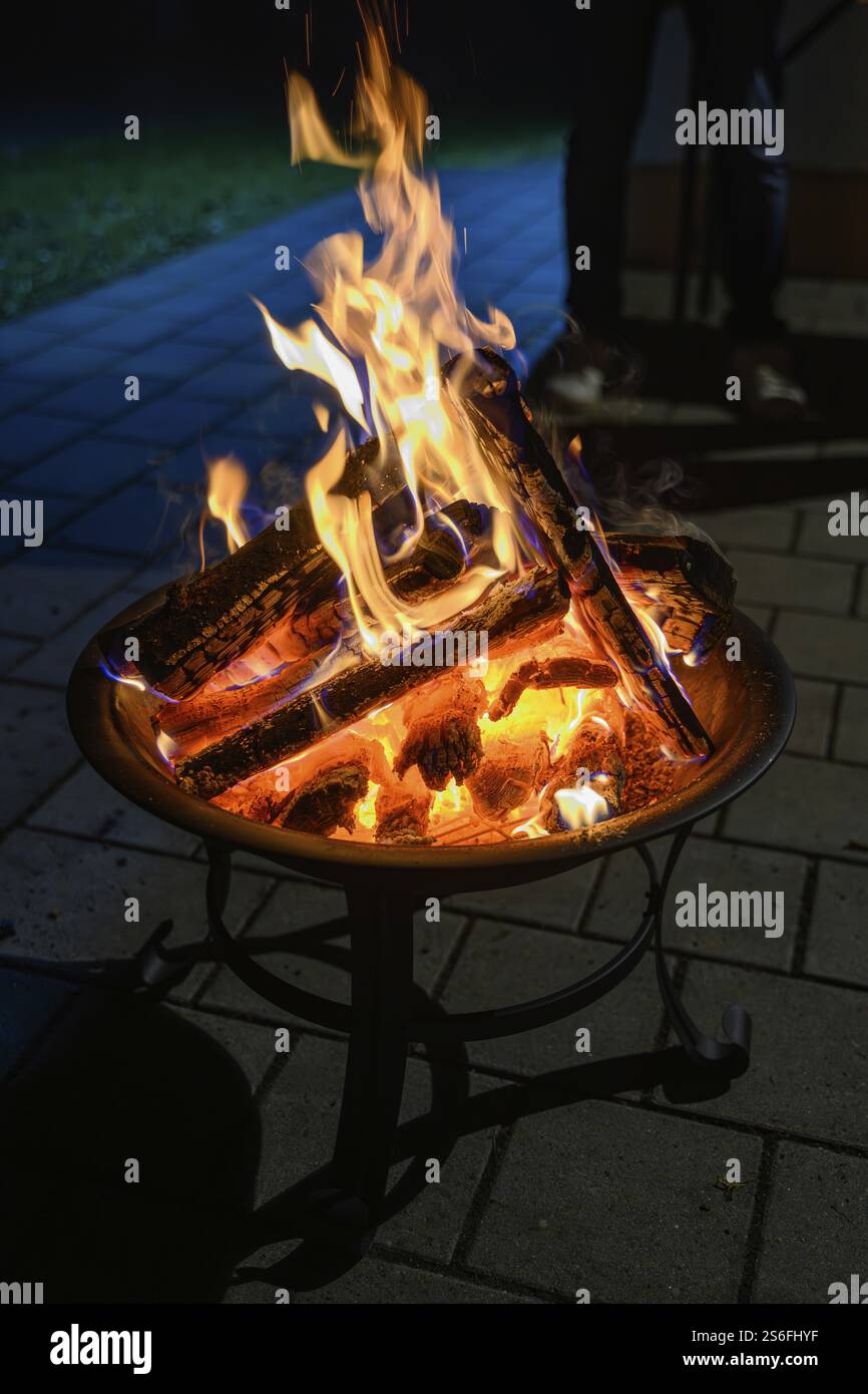 Helles Feuer in einer Feuerschüssel mit Baumstämmen, Schatten im Hintergrund, nächtliche Atmosphäre Stockfoto