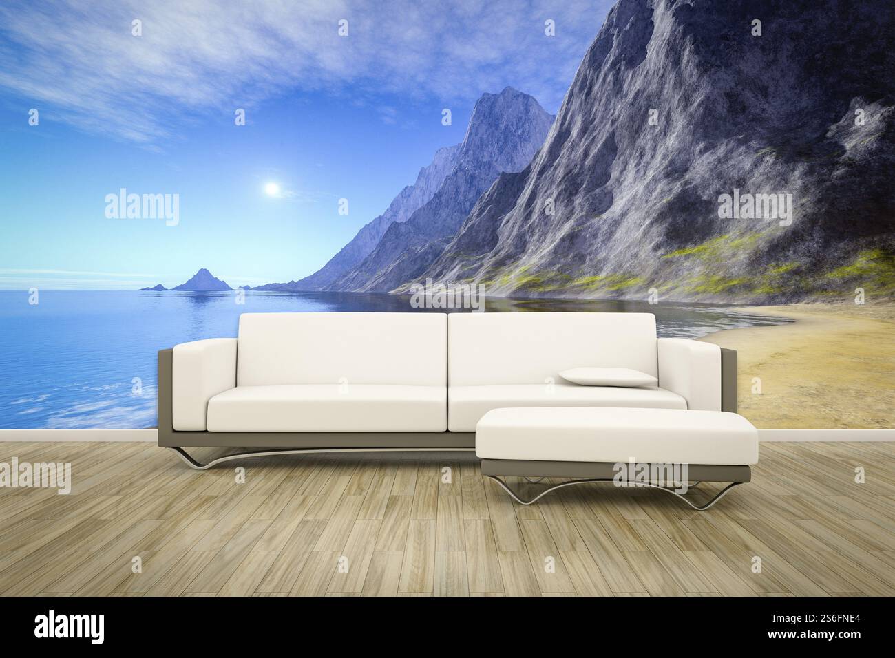 3D-Illustration eines Sofas vor einer Fototapete Ozean Stockfoto