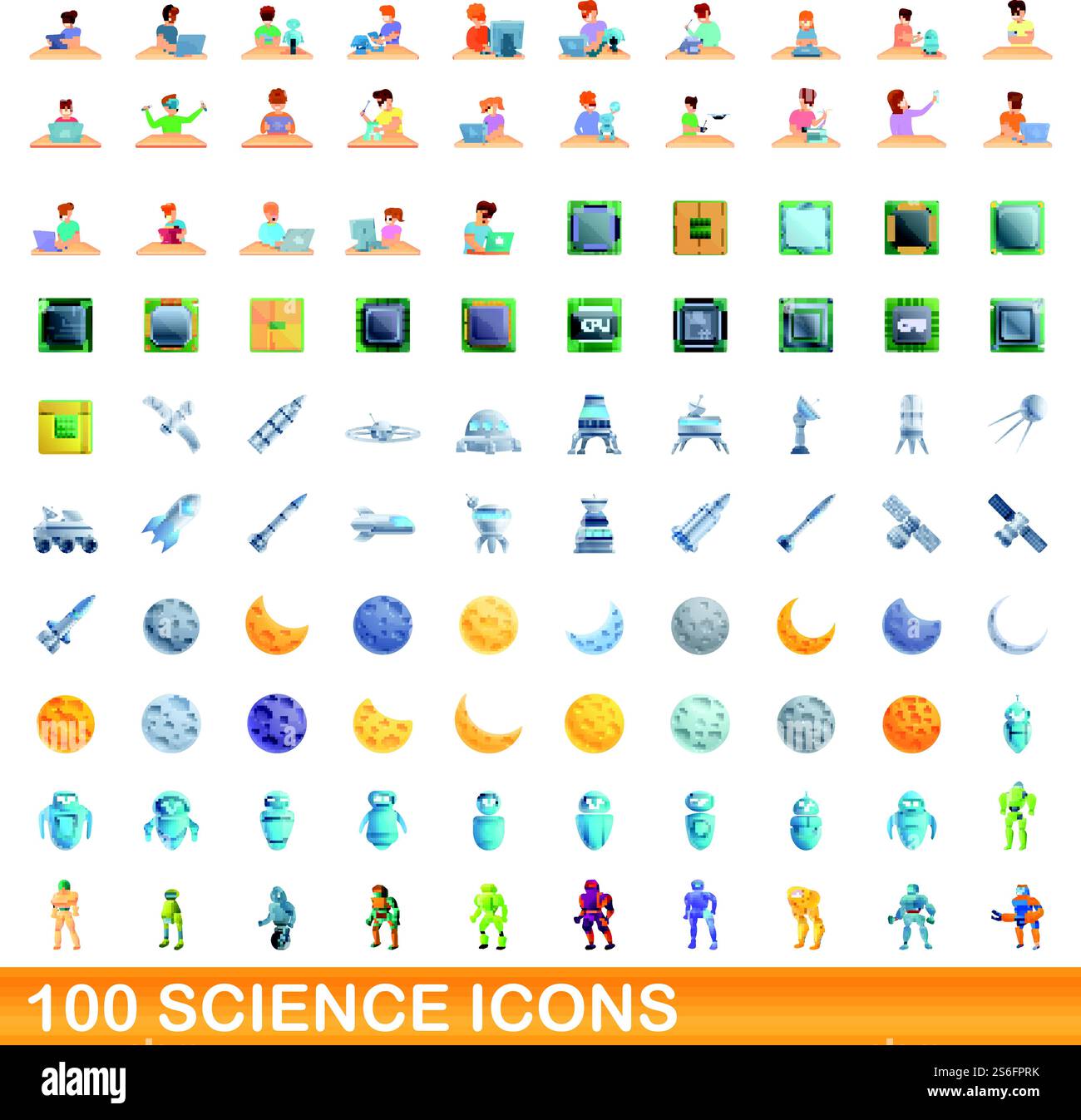 100 Wissenschaftssymbole. Zeichentrickillustration von 100 Wissenschaftssymbolen Vektor-Set isoliert auf weißem Hintergrund. 100 Wissenschaftssymbole im Cartoon-Stil Stock Vektor