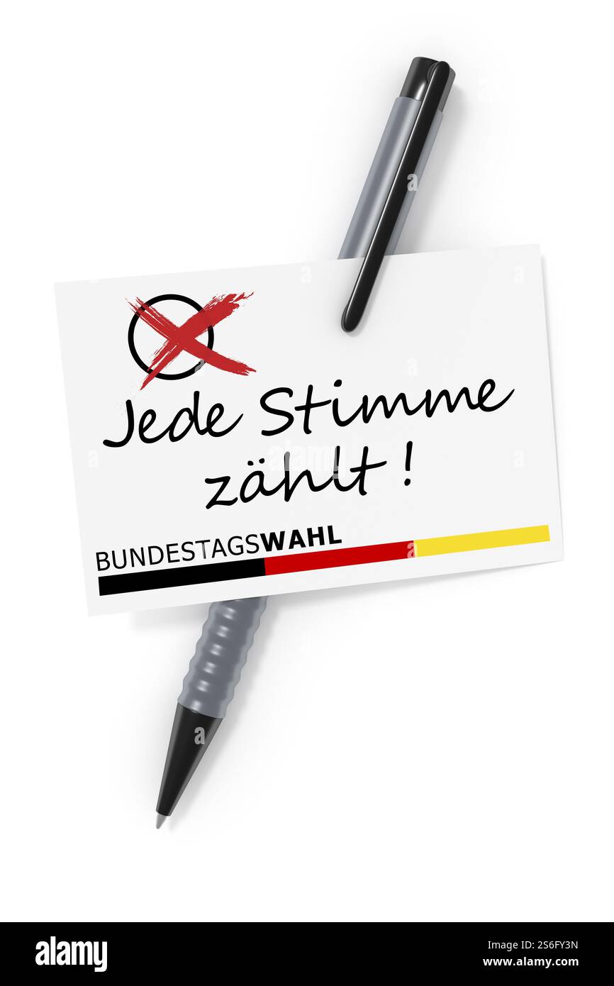 3d-Rendering einer Visitenkarte und eines Kugelschreibers sowie des Textes Bundestagswahlen jede Stimme zählt in deutscher Sprache Stockfoto