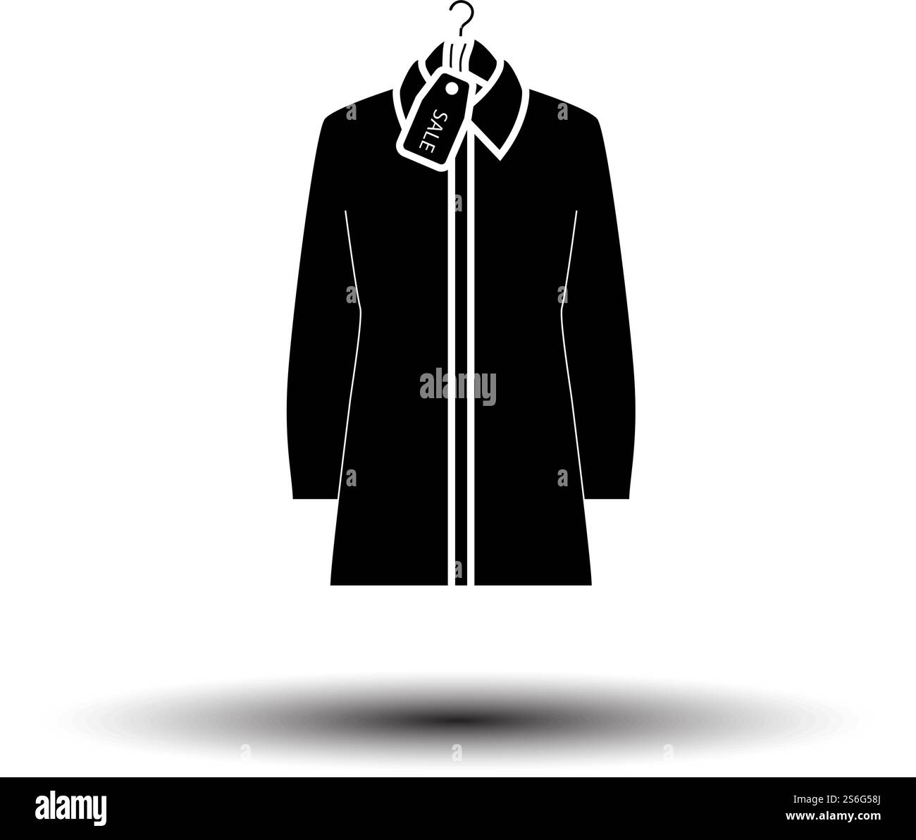 Bluse Am Kleiderbügel Mit Sale Tag-Symbol. Schwarz auf weißem Hintergrund mit Schatten. Vektorgrafik. Stock Vektor