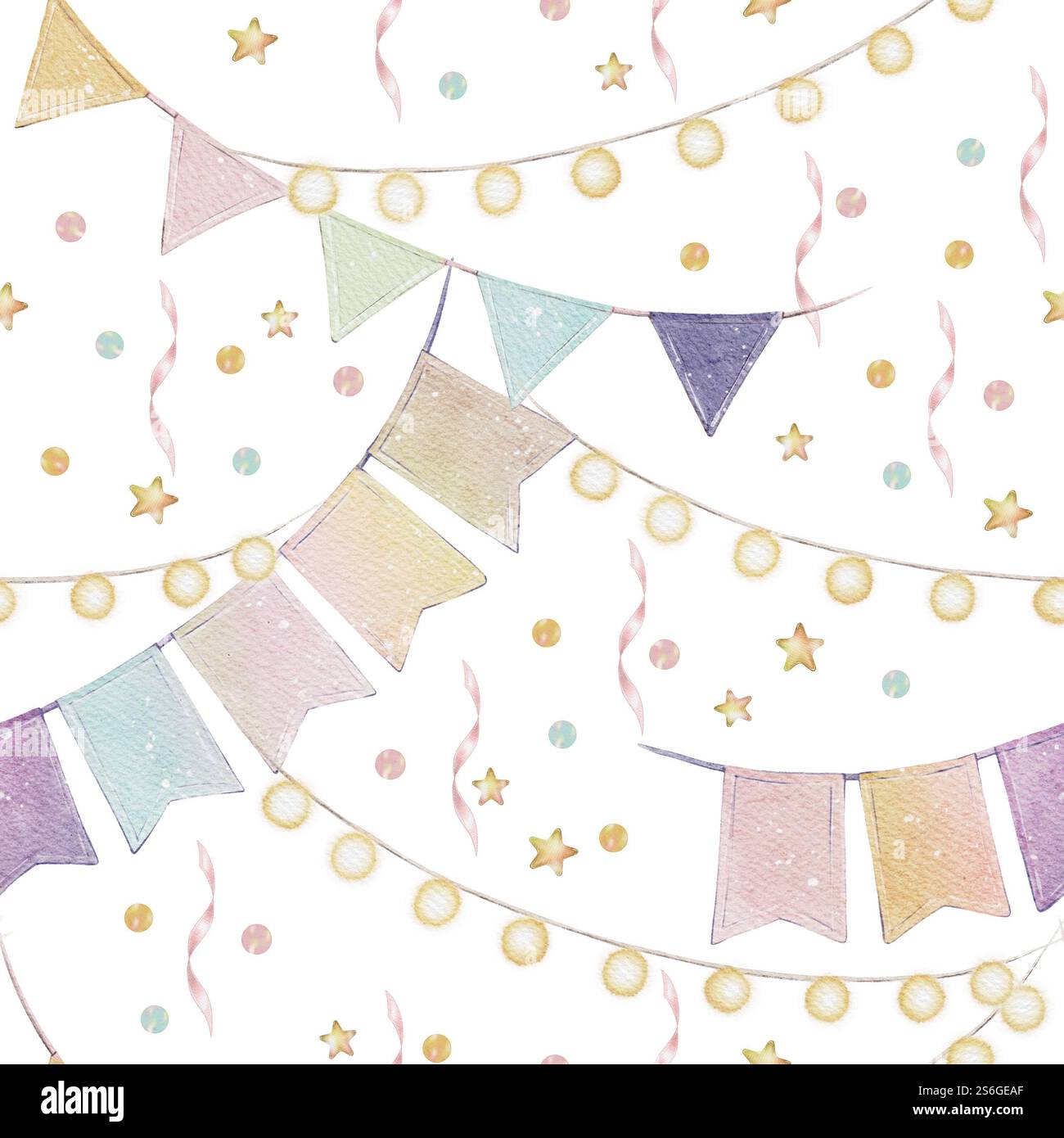 Nahtloses Muster von festlichen Fahnen und Girlanden in Aquarellfarben. Kann als festliches Design, Dekoration verwendet werden. Ideal zum Bedrucken von Tapeten, Geschenkpapier, Grußkarten, Textilien Stockfoto
