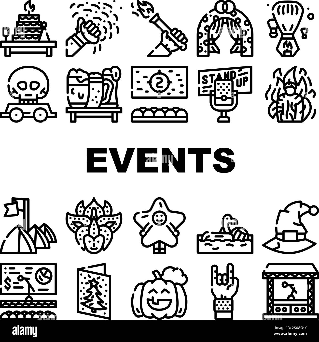 Symbole Für Veranstaltungen Und Festivalsammlung Setzen Vektor. Rock And Oktober Fest, Standdup Und Pool Party, Fantasy Kostüm Und Gesichtsmasken Veranstaltungen Schwarze Konturabbildungen. Symbole Für Veranstaltungen Und Festivalsammlung Setzen Vektor Stock Vektor