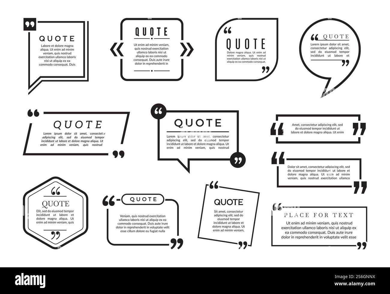 Zitat-Blasensatz. Vorlagen für Vektortextfelder. Verschiedene Blog-Frames. Blog-Zitat, Sprechblase-Info, Textbox-Zitat-Illustration. Zitat-Blasensatz. Vorlagen für Vektortextfelder. Verschiedene Blog-Frames Stock Vektor
