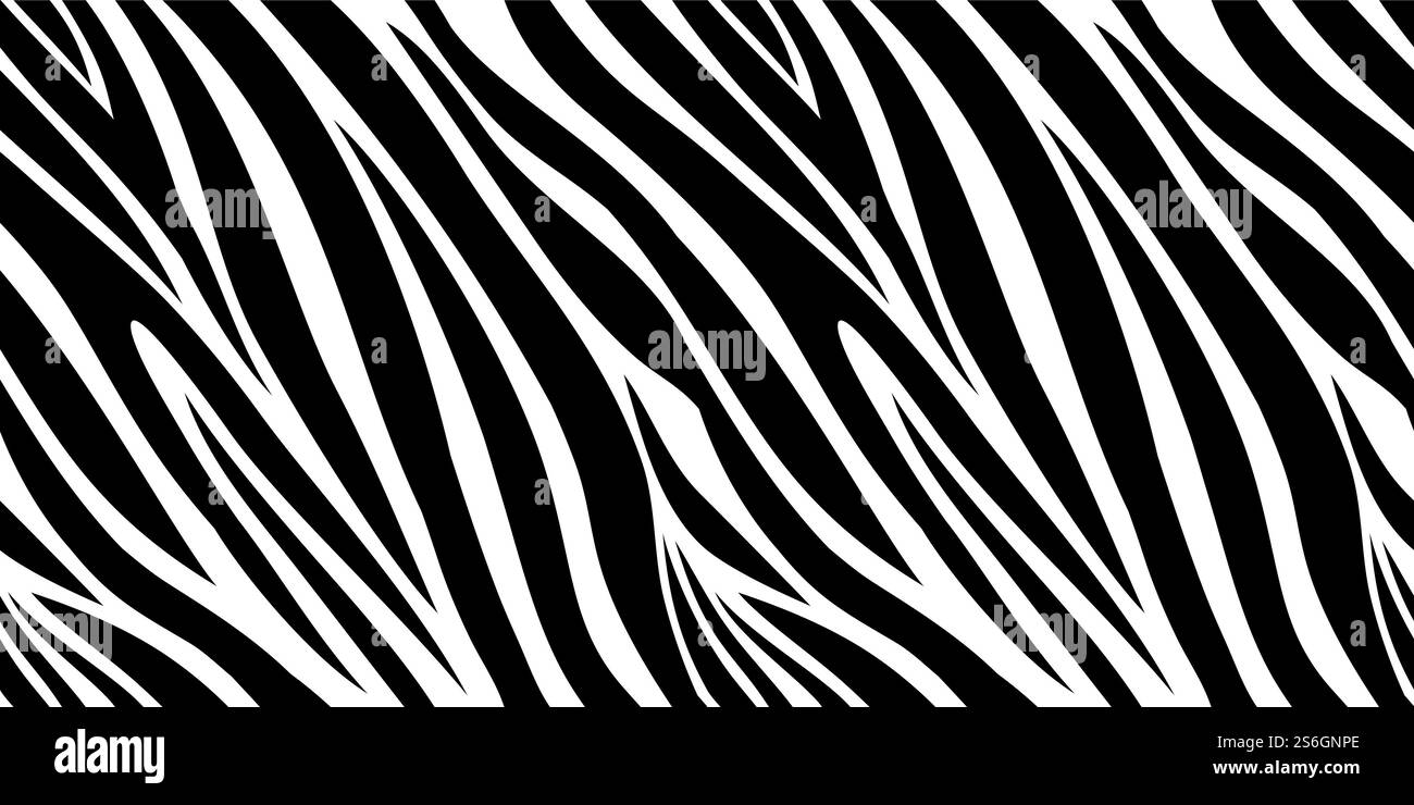 Zebrahautmuster. Tierdruck, schwarz-weiß gestreifter Hintergrund. Afrika-Dschungel, Tierwelt Vektor nahtlose Textur. Illustration afrika Tierhaut, wilde nahtlose Streifen schwarz weiß. Zebrahautmuster. Tierdruck, schwarz-weiß gestreifter Hintergrund. Afrika-Dschungel, Tierwelt Vektor nahtlose Textur Stock Vektor