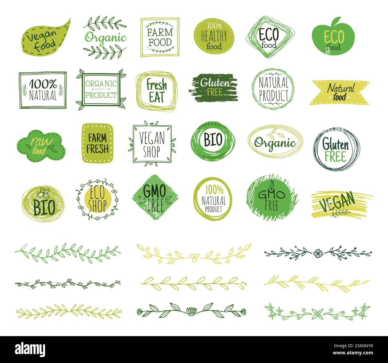 Öko-Embleme. Organisches Logo, grüne Blattränder. Stempel für natürliche frische Lebensmittel. Kritzelzweige, Naturschmuck. Vektor gesunde Produkte Aufkleber. Gesunde botanische Öko, organische Gesundheit Aufkleber Illustration. Öko-Embleme. Organisches Logo, grüne Blattränder. Stempel für natürliche frische Lebensmittel. Kritzelzweige, Naturschmuck. Vektor gesunde Produkte Aufkleber Stock Vektor