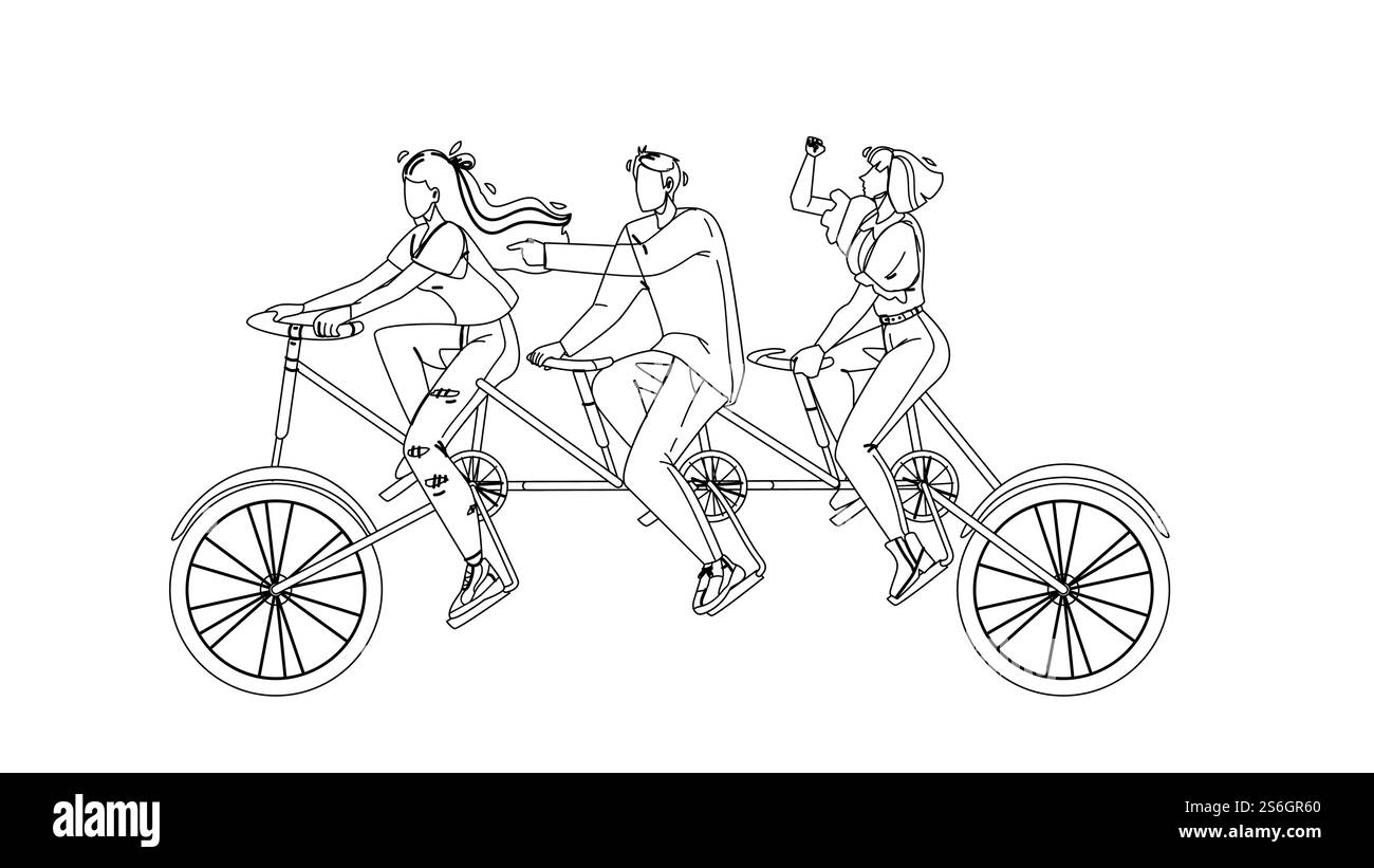 Collective Boy And Girls Riding Tandem Black Line Bleistift Zeichnen Vektor. Kollektiver Zeichenvektor Mit Schwarzem Linienstift. Das Team Fährt Gemeinsam Mit Dem Fahrrad. Zeichen Erfolgreicher Teamwork-Fortschritt Und Beziehungsdarstellung. Junge Und Mädchen Reiten Tandem-Vektor Stock Vektor
