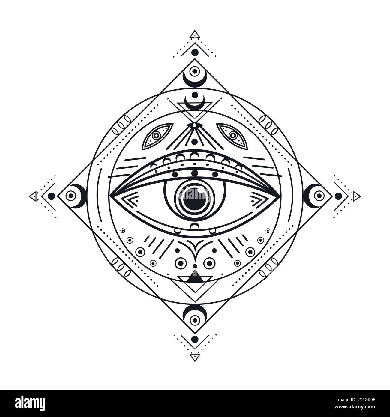 Alle Augen sehen. Schwarzes Illuminati-Symbol, mit Vorsehung versehenes Emblem. Isoliertes Vintage-Schutz-Okkult-Tattoo. Illustration des esoterischen Vektors. Freimaurer-Ikone, Freimaurer-Vorsehung-Alchemie. Alle Augen sehen. Schwarzes Illuminati-Symbol, mit Vorsehung versehenes Emblem. Isoliertes Vintage-Schutz-Okkult-Tattoo. Illustration des esoterischen Vektors Stock Vektor
