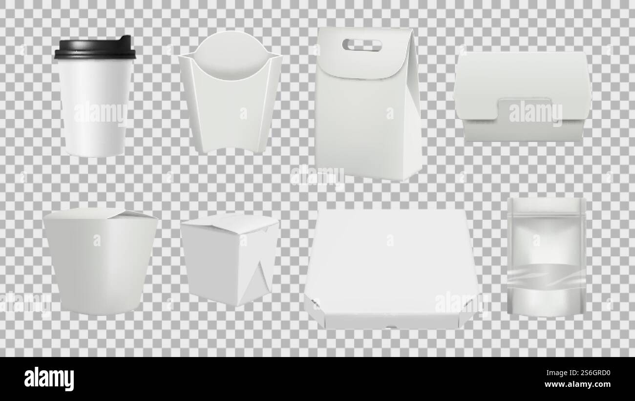 Fastfood-Paket. Realistische 3D-Vektormodelle für Lebensmittelverpackungen. Illustration Behälterpackung für Lebensmittel, realistische Pappe. Fastfood-Paket. Realistische 3D-Vektormodelle für Lebensmittelverpackungen Stock Vektor