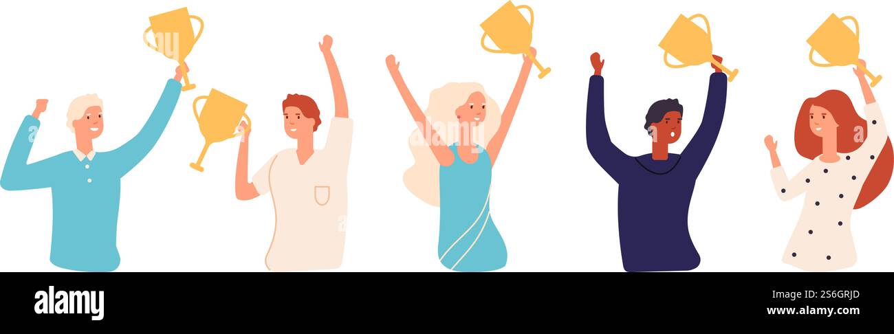 Gewinner mit Cups. Goldene Auszeichnungen, Leute, die Goldbecher halten. Erfolgreiches Geschäftsteam, weiblicher Mann Vektorsatz. Illustration goldener Gewinner, feierliche Belohnung. Gewinner mit Cups. Goldene Auszeichnungen, Leute, die Goldbecher halten. Erfolgreiches Geschäftsteam, weiblicher Mann Vektorsatz Stock Vektor