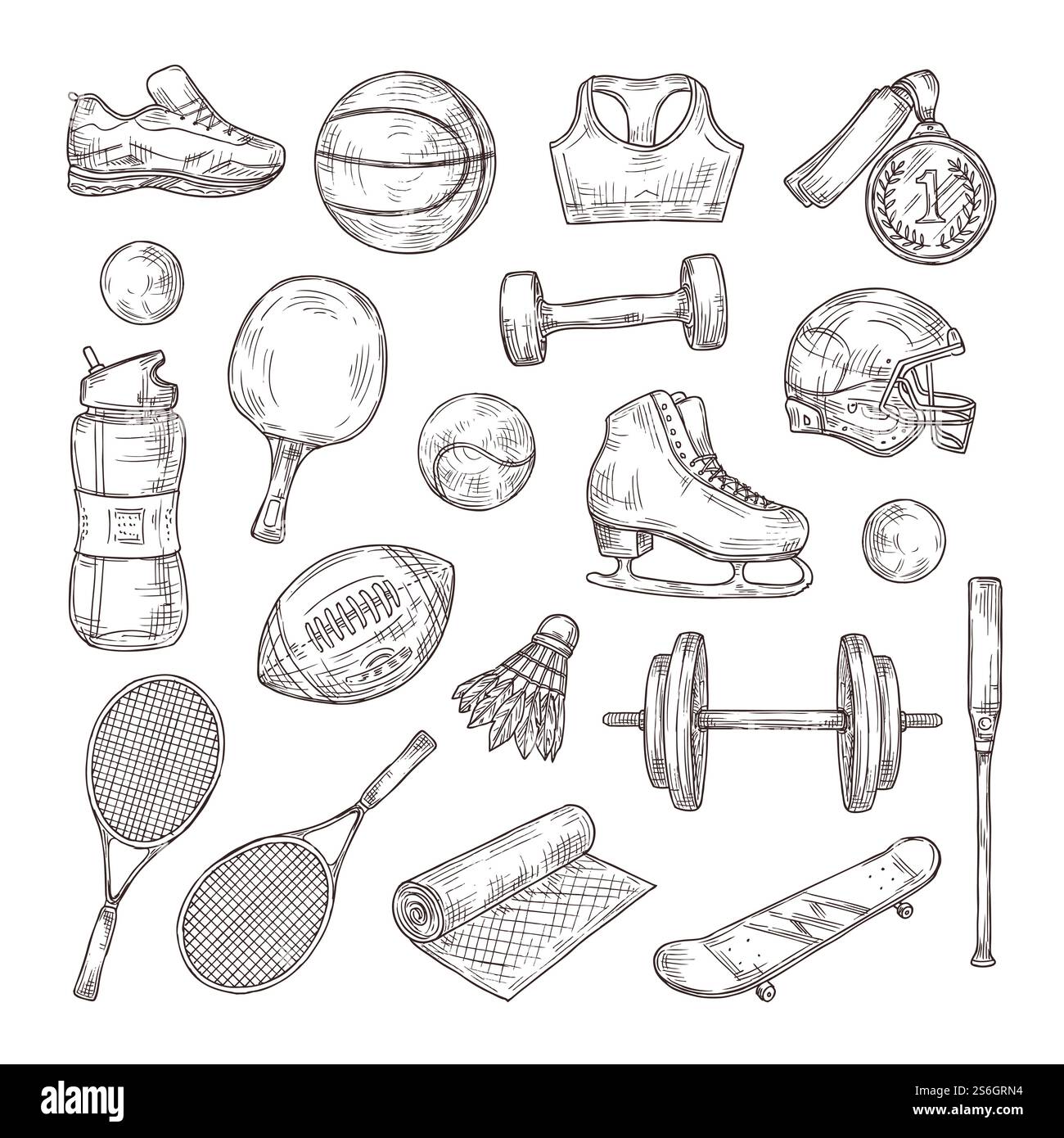 Handgezeichnete Sportausrüstung. Medaille, Basketball und Rugbyball, Shuttlecock und Fußballhelm. Tennisschläger, Baseballschläger-Vektor-Set. Ausrüstung Sportskizze, Kollektion Basketballball. Handgezeichnete Sportausrüstung. Medaille, Basketball und Rugbyball, Shuttlecock und Fußballhelm. Tennisschläger, Baseballschläger-Vektor-Set Stock Vektor