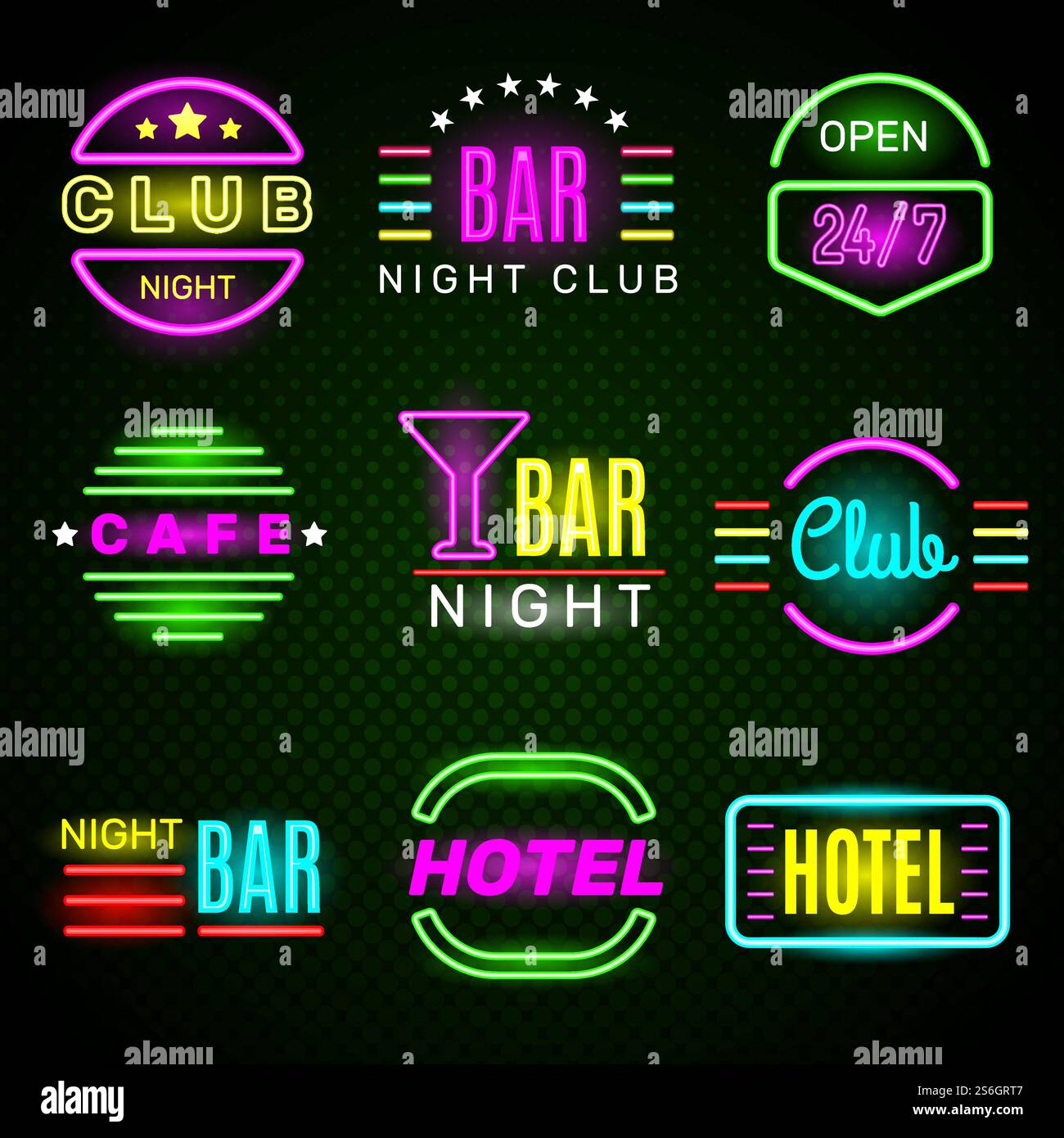 Hotel Neon. Werbung american Retro Nachtclub Emblem Beschilderung Glow Abzeichen Vektor. Hotelschilder glühend, Nachtsymbole. Hotel Neon. Werbung american Retro Nachtclub Emblem Beschilderung Glow Abzeichen Vektor Stock Vektor