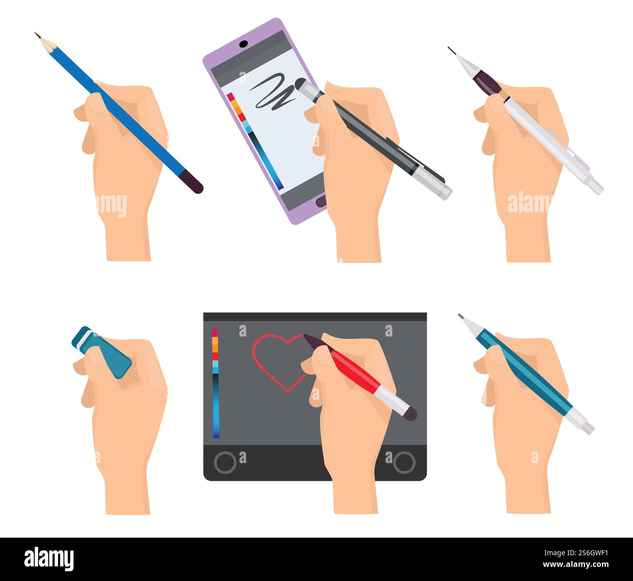 Hände halten den Stift. Schreibelemente Stifte Marker Werkzeuge für Autoren Vektor Zeichentrickset. Zeichenstift Tablette, Bleistiftzeichnung Illustration. Hände halten den Stift. Schreibelemente Stifte Marker Werkzeuge für Autoren Vektor Zeichentrickset Stock Vektor