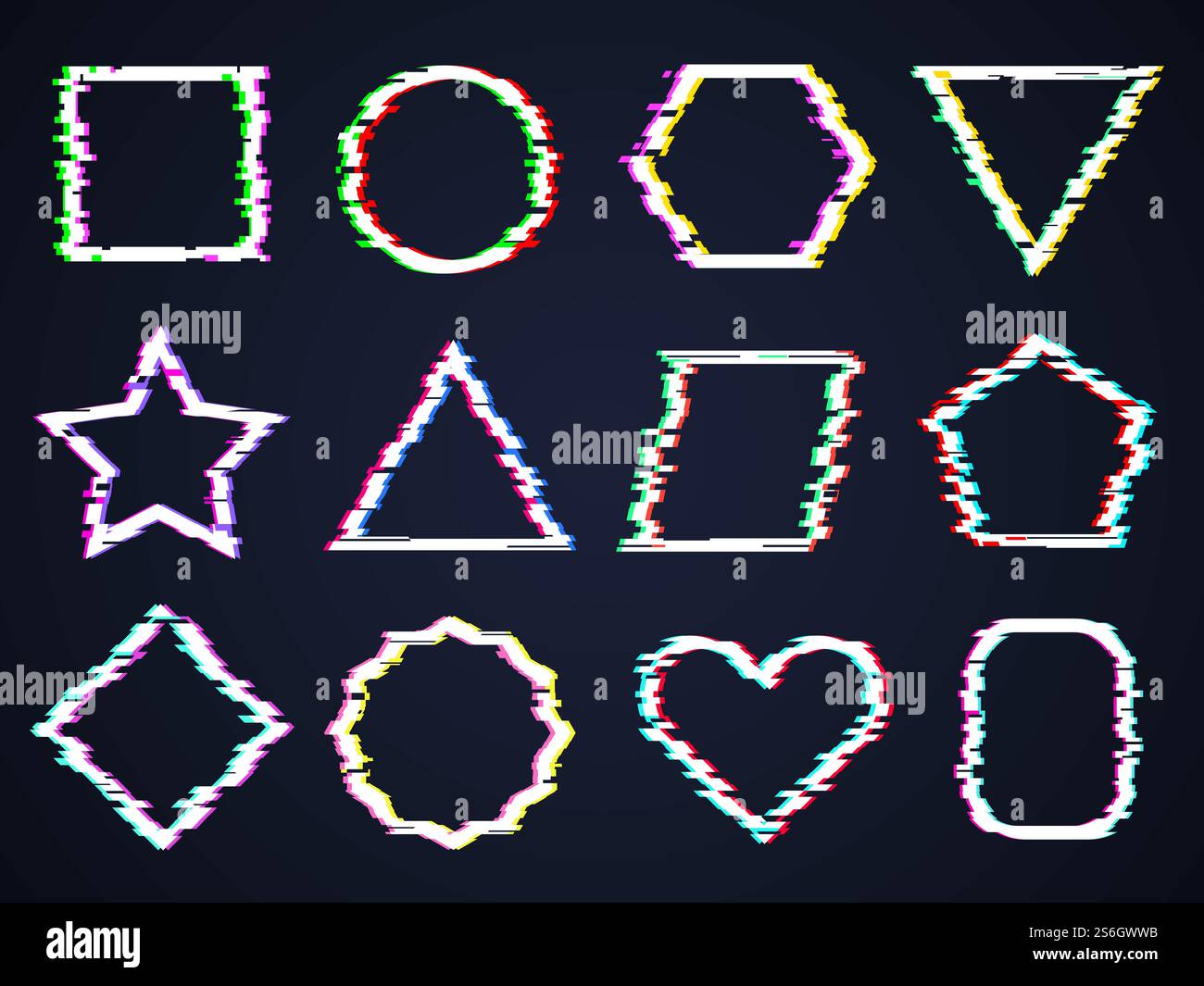 Quadratische Rahmen mit Glitzereffekt. Interferenz beschädigtes Rauschen Cyber-Formen gebrochene rechteckige Formen Verzerrungseffekte trendige Vektoren. Beschädigte Formdetailverzerrung, Illustration dynamischer Effekte mit Glitch-Rahmen. Quadratische Rahmen mit Glitzereffekt. Interferenz beschädigtes Rauschen Cyber-Formen gebrochene rechteckige Formen Verzerrungseffekte trendige Vektoren Stock Vektor